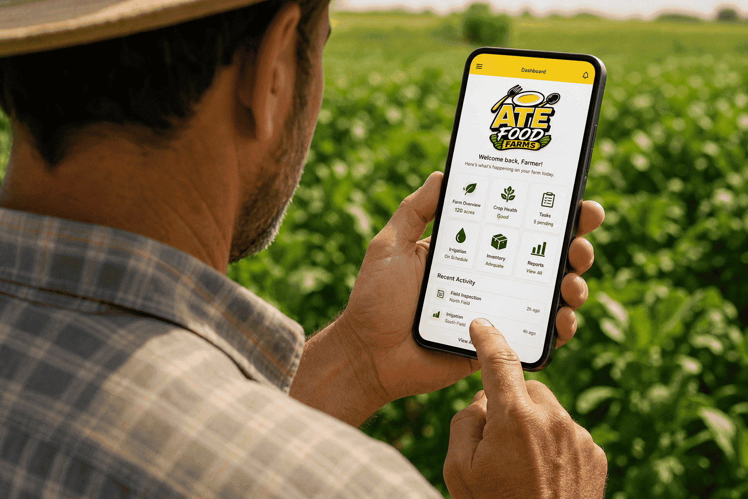 The ATE Food Farms app open on a phone showing farm overview, tasks and weather while a farmer stands in a field