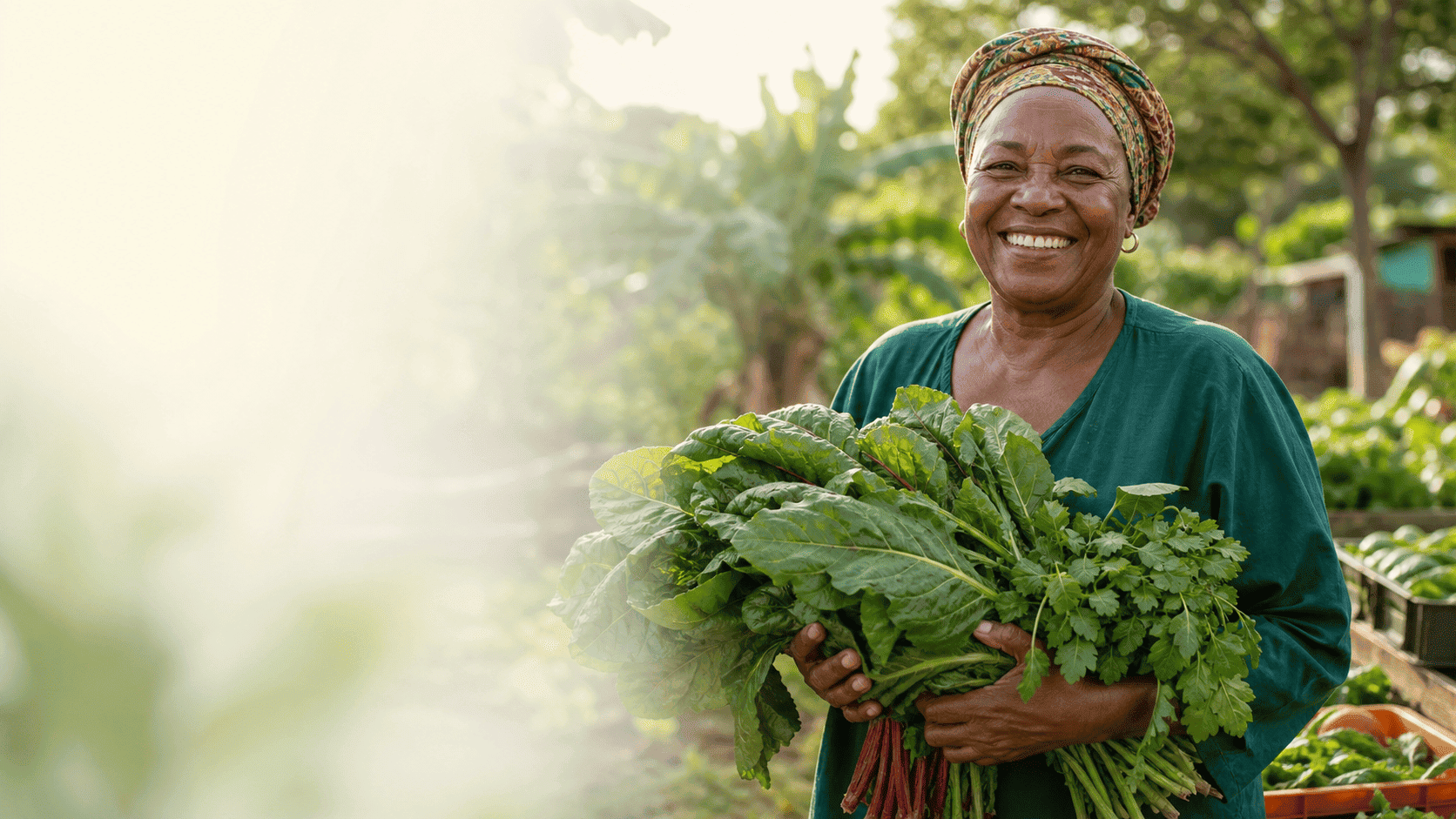 A neighbor holding fresh leafy greens from a local distribution