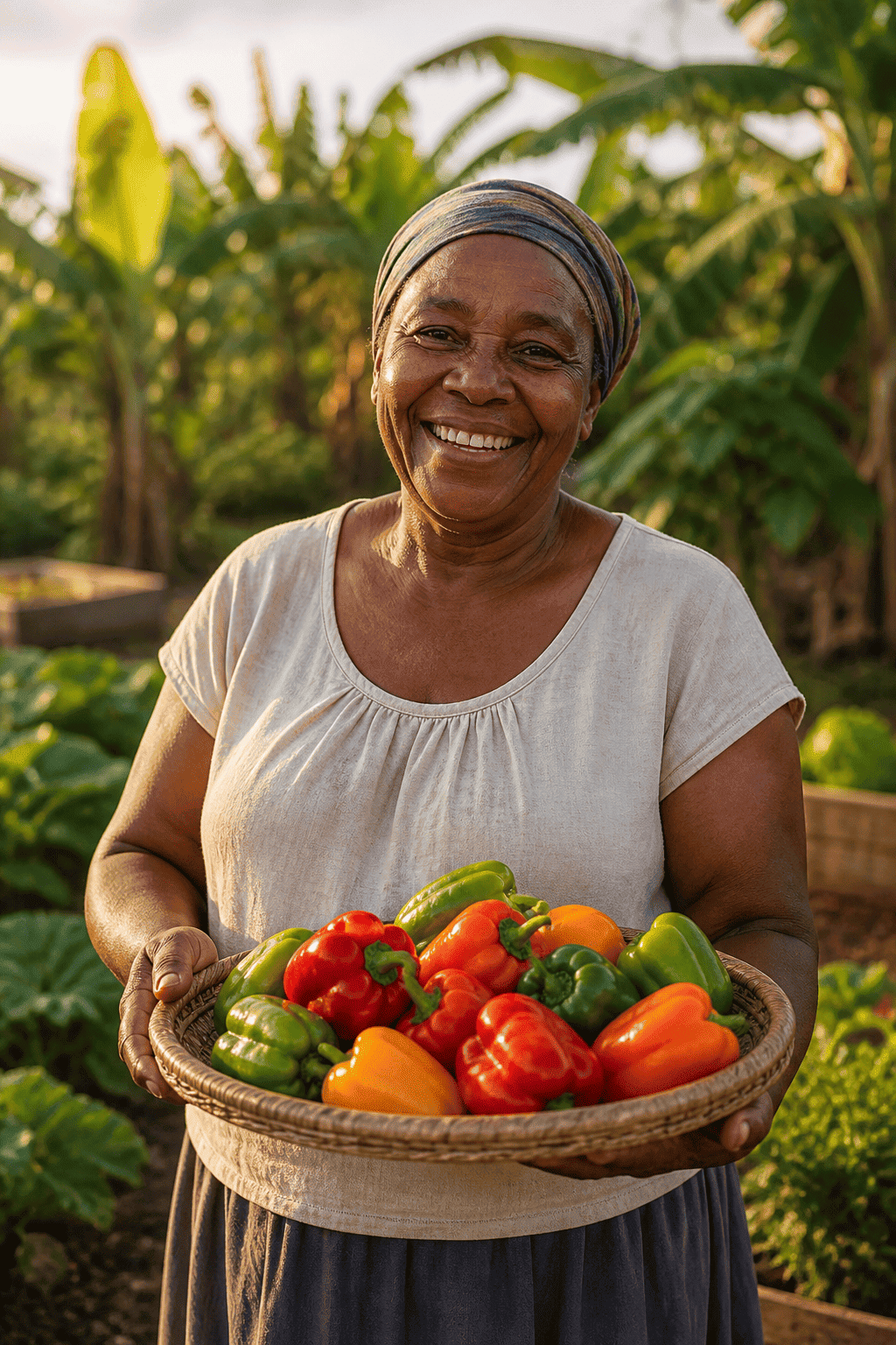 An older neighbor holding a basket of colorful sweet peppers