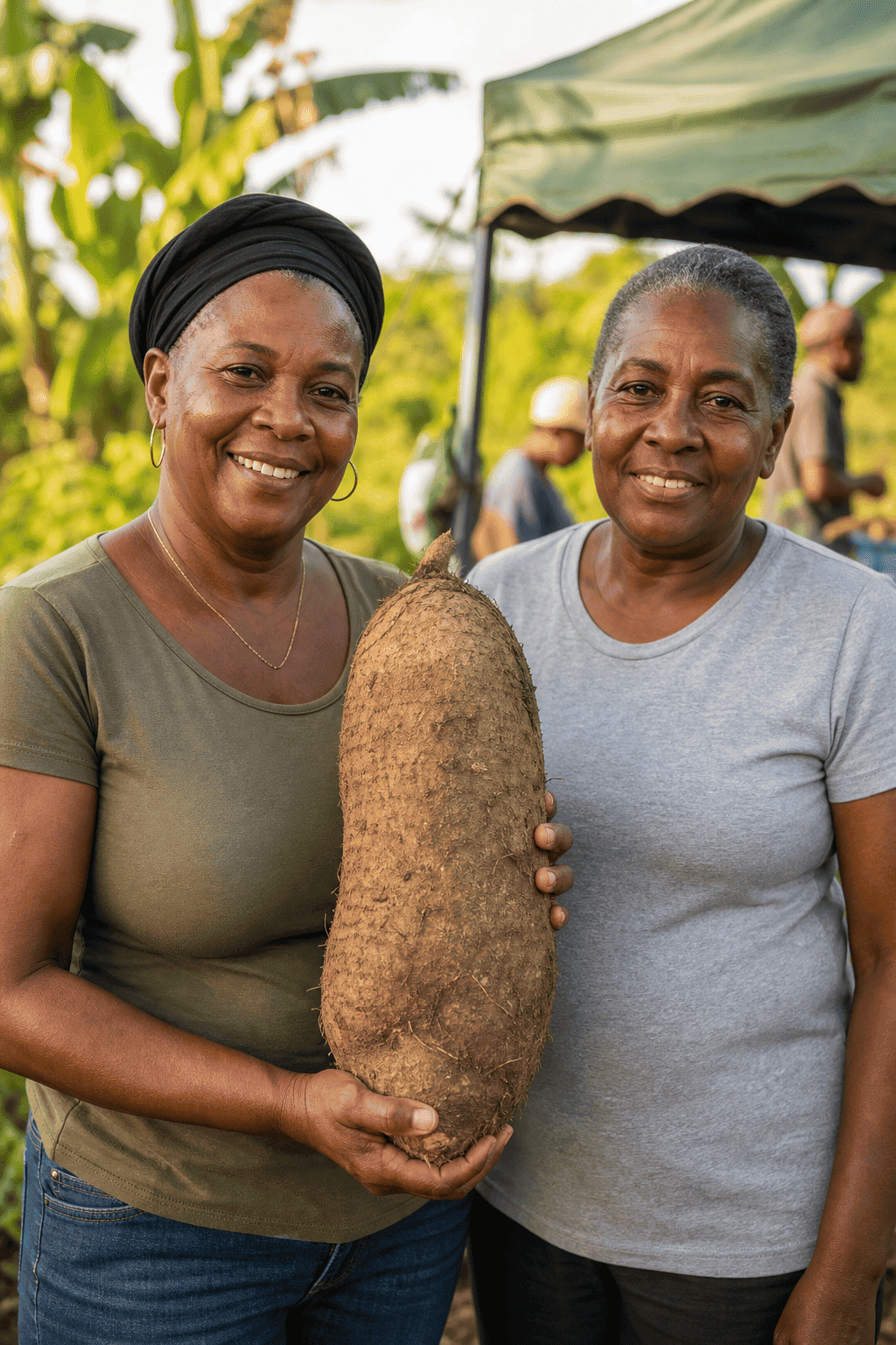 Two community supporters presenting a freshly harvested yam