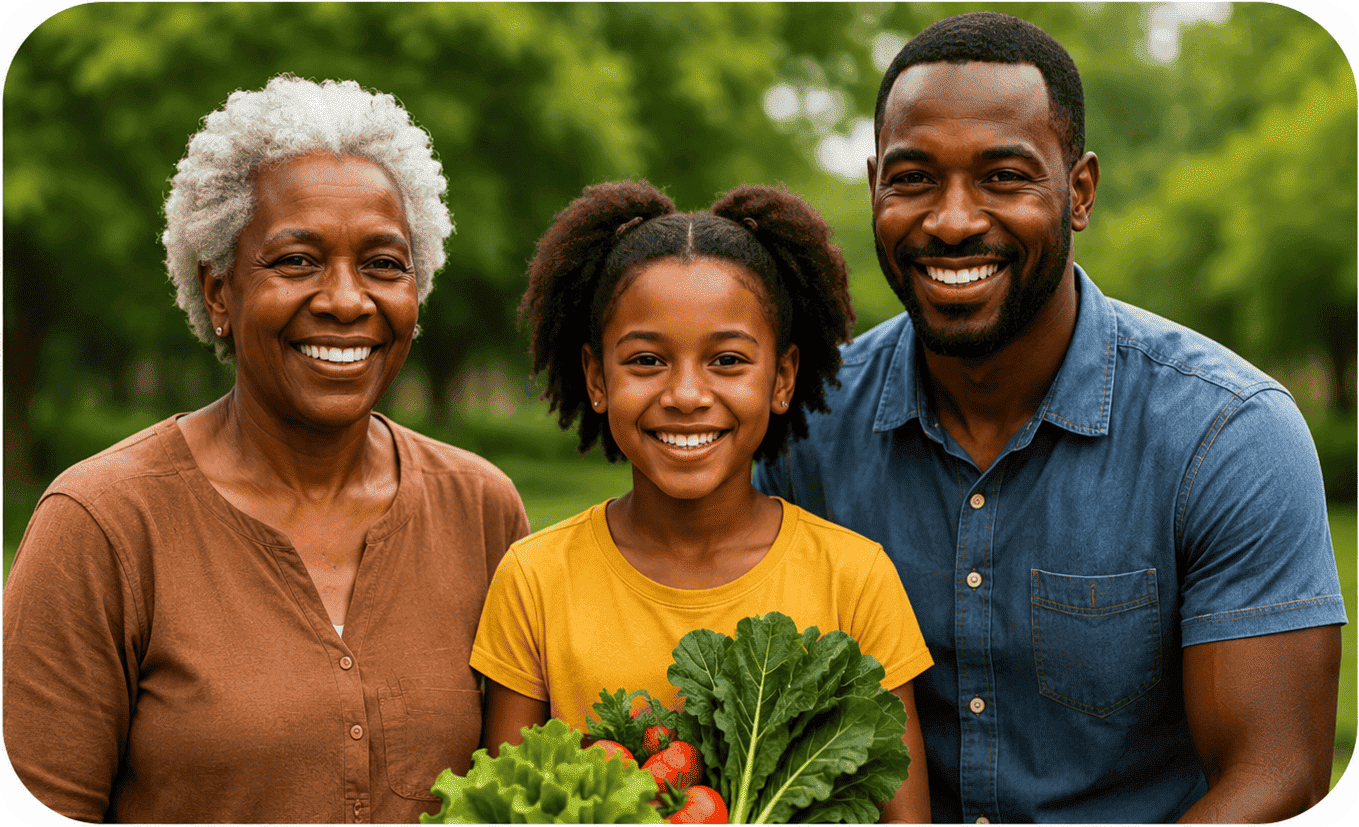 A family smiling with a harvest of fresh vegetables