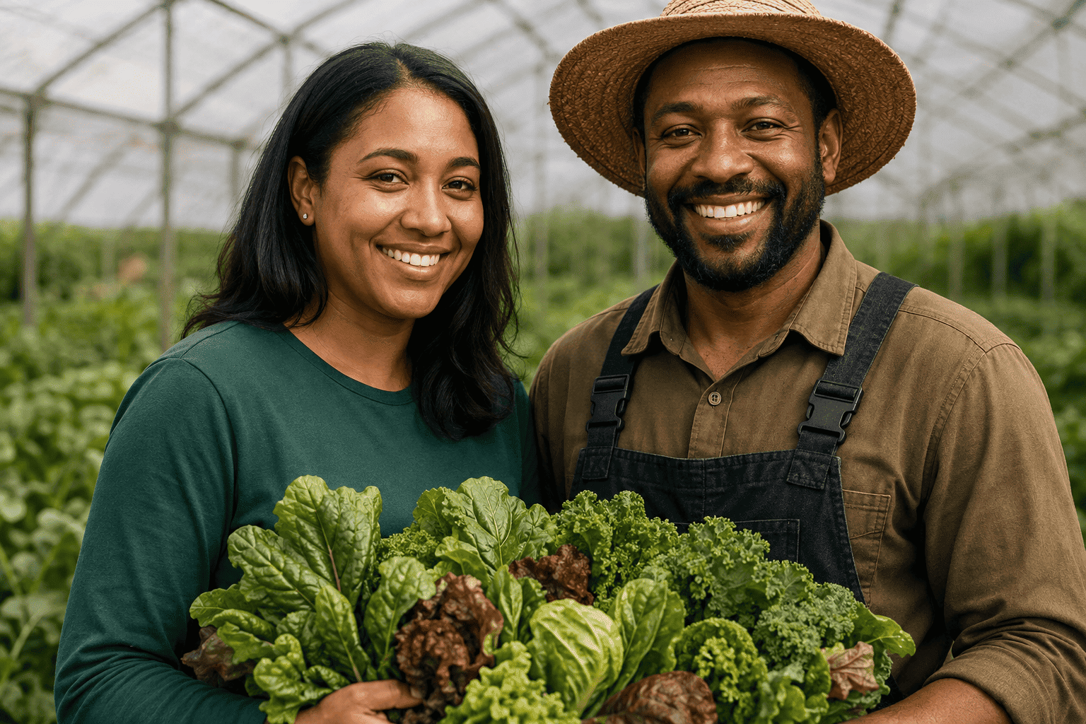Two ATE Food Farms growers holding freshly harvested greens in a greenhouse