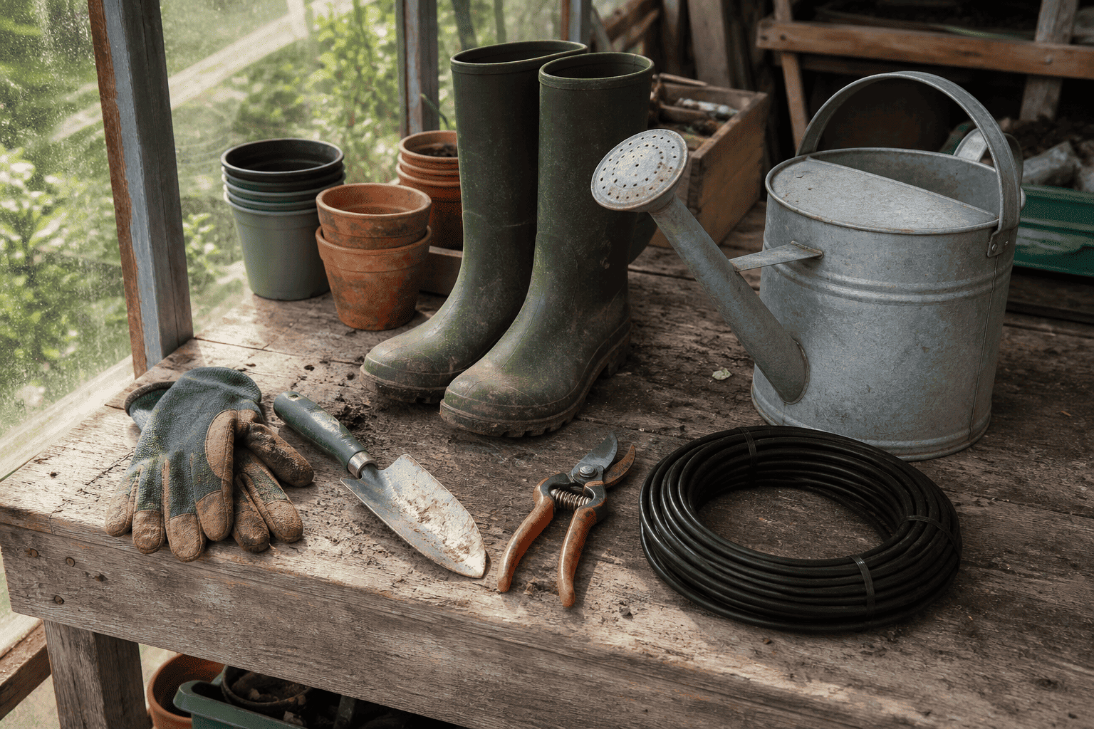 Maintained farm tools, boots, watering can, and irrigation line on a workbench