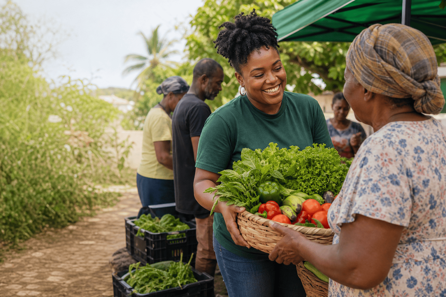 A community volunteer sharing a basket of fresh produce with an older neighbor
