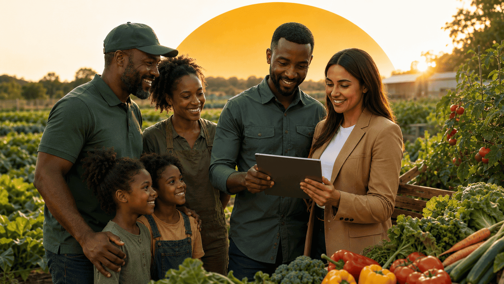 Farmers holding fresh produce, supported by ATE Food Farms sponsors and partners
