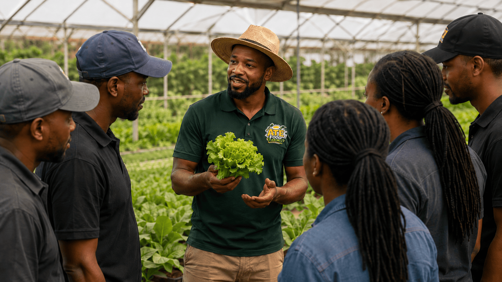An ATE Food Farms trainer teaching a group of farmers in a greenhouse