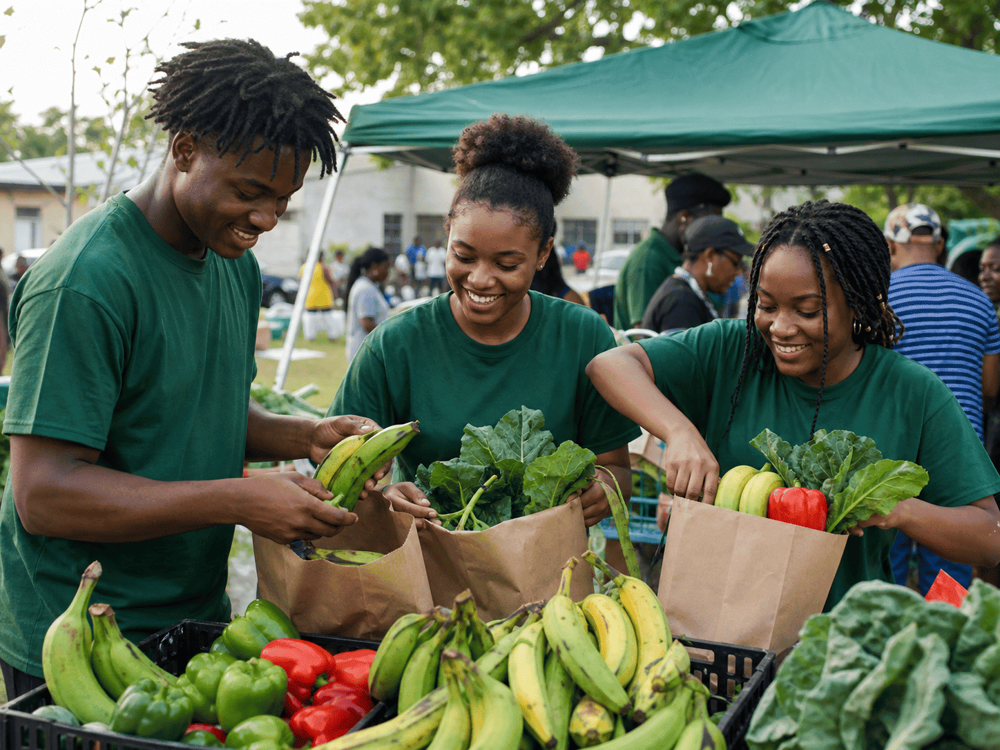 Volunteers packing plantains, peppers, and greens for distribution