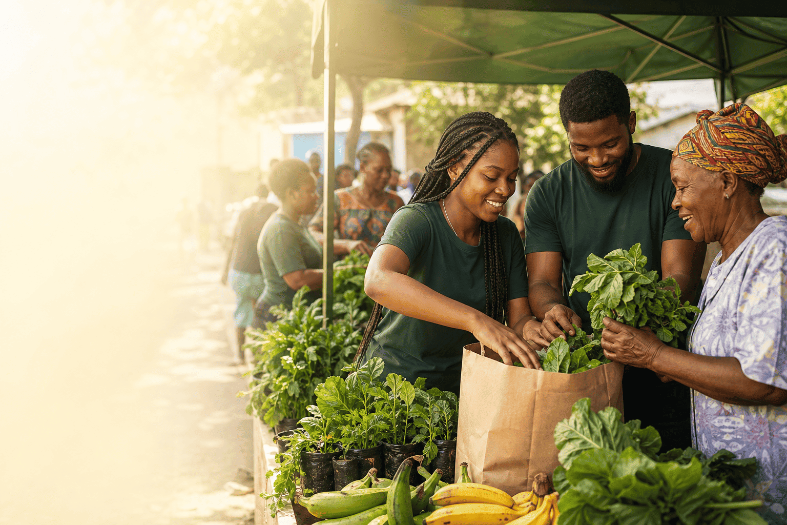 Volunteers and a neighbor packing fresh greens, peppers, and plantains at a community food distribution