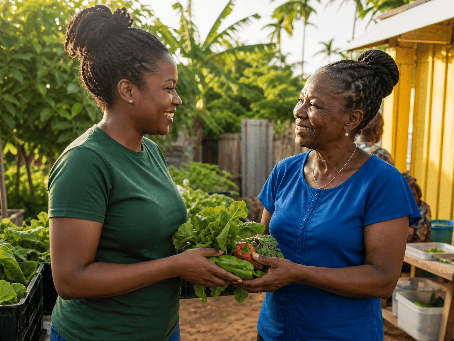 Volunteer speaking with a neighbor while holding fresh peppers and greens
